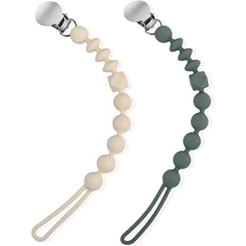 One-Piece Silicone Pacifier Clip Holder, Set of 2 Soft Flexible Pacifier Clips Binky Clips for Boys and Girls, Baby Newborn Essentials, Birthday Christmas Shower Gift(Sage, Cream White)