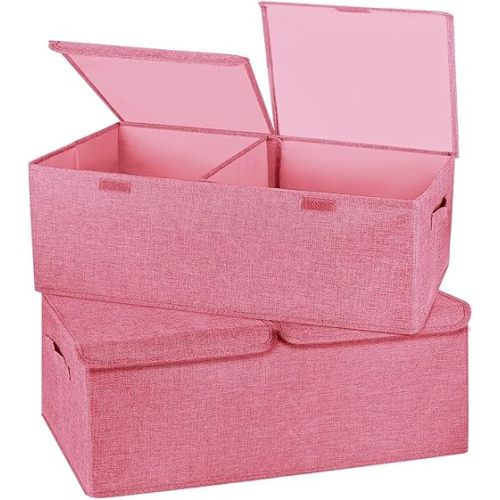 2 Pack Large Storage Boxes with Lids and Handles, Collapsible Linen Storage Bins Organizer Containers Baskets Cube with Removable Divider for Home Bedroom Closet Office (Pink, Small)