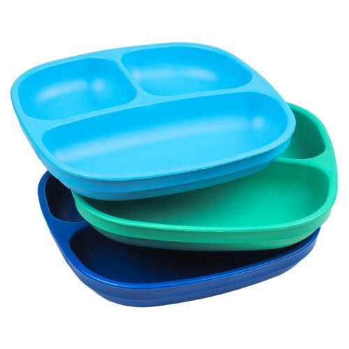 Re-Play Made in USA 3pk Toddler Feeding Divided Plates with Deep Sides for Easy Baby, Toddler, and Child Feeding - Sky Blue, Aqua & Navy Blue (True Blue) Durable, Dependable and Tough Toddler Plates!
