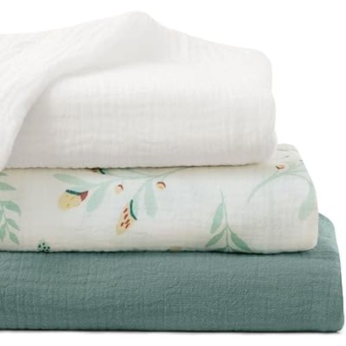 HBselect 3-Pack Cotton Months Baby Muslin Swaddle Blankets, Newborn Receiving Blanket Swaddling Wrap for Boys and Girls, Baby Essentials, Registry & Gift (White, Green, Flowers)