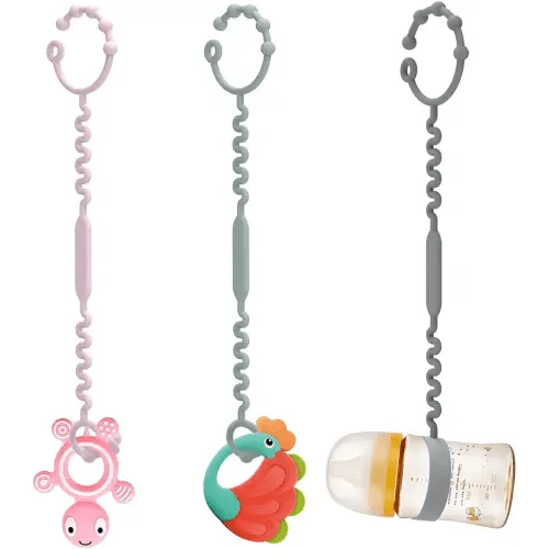 Toy Tethers for Babies, Pacifier Holder Clip with Self-Adjusting Bayonet, Pure Silicone Material Without BPA; Can Be Used for Teethers, Feeding Bottles, Toys, Cribs, High Chairs(Pink+Gray+Dark Gray)