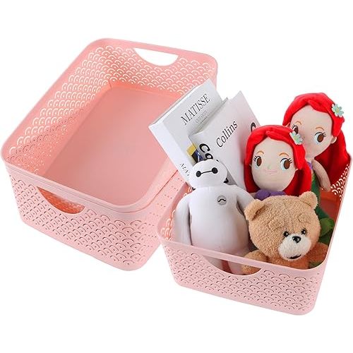 3 Pack Large Plastic Storage Baskets, Portable Pink Fish Scale Pattern Hollow Desktop Storage Bin Box with Handle for Cabinet Office Bathroom Closet– 13.8 x 11.2 x 5.1 inches