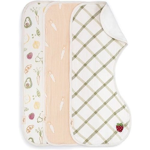 Crane Baby Clementine Cotton Muslin Burp Cloth Set of 3, Fruits & Veggie Print, Baby Boy & Girl Burp Cloths, Absorbent 100% Cotton Muslin & Terry Cloth, Soft Burping Cloths for Newborn