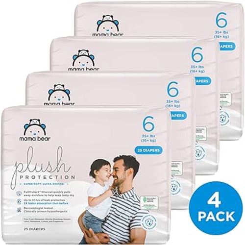 Amazon Brand - Mama Bear Plush Protection Diapers - Size 6, One Month Supply, Hypoallergenic Premium Disposable Baby Diapers, 100 Count (Pack of 4), White and Cloud Dreams