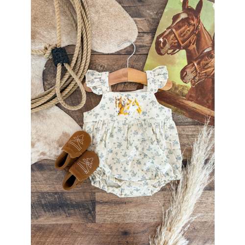 Three is a Charm Horse Blue Floral Romper