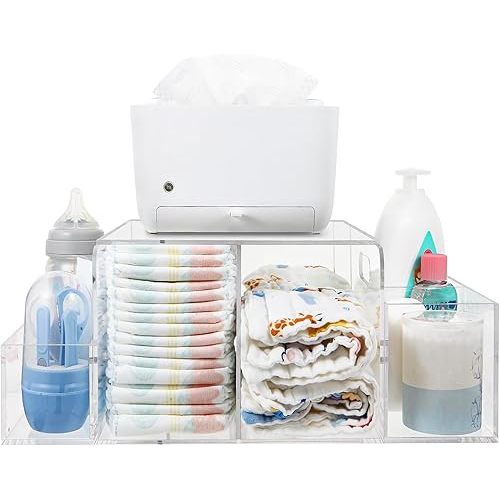 Acrylic Diaper Organizer, Changing Diaper Table Organizer, Removable Side Bins Baby Diaper Caddy Organizer,Tabletop Organizer Holds Diapers,Wipes, Wipe Warmer, Wipe Dispenser, and Other Essentials