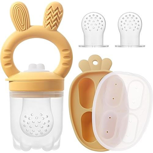 Silicone Baby Fruit Feeder with Freezer Tray Baby Food Feeder Popsicle Molds for Teething Relief Includes Extra Food Pouches (Mango)