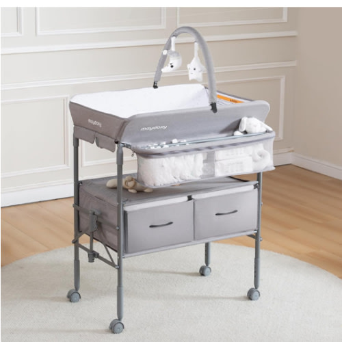 Maydolly Baby Changing Table, Portable Folding Changing Table with Wheels, Waterproof and Adjustable Height, Premium Diaper Changing Station with Two Drawers, Mobile Nursery for Newborn (Grey)