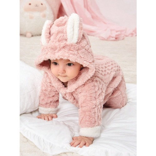 Baby Girl 3D Ear Design Hooded Teddy Jumpsuit: 6-9 Months