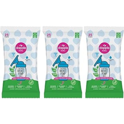 Breast Pump Wipes by Dapple Baby, 25 Count (Pack of 3), Fragrance Free, Plant Based & Hypoallergenic Breast Pump Wipes - Removes Milk Residue, Leaves No Taste - Convenient Wipes Pouch