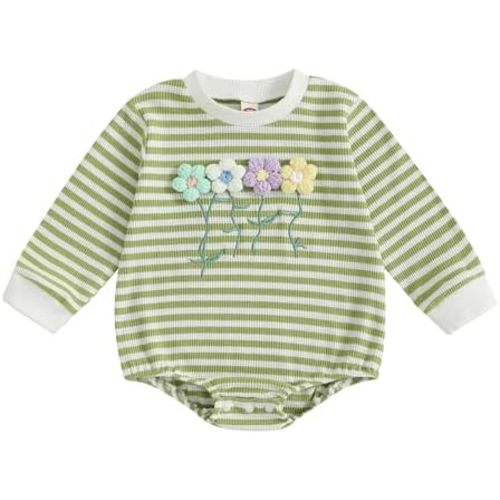 Newborn Baby Girl Romper 3D Flower Fall Winter Clothes Striped Waffle Bubble Sweatshirt Cute Coming Home Outfit