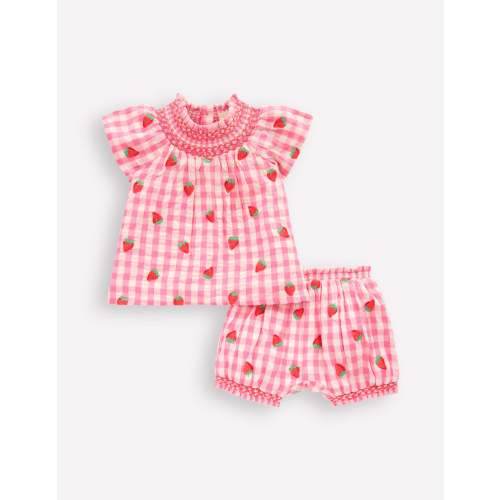 Smocked Play Set-Pink Rose Gingham Strawberries