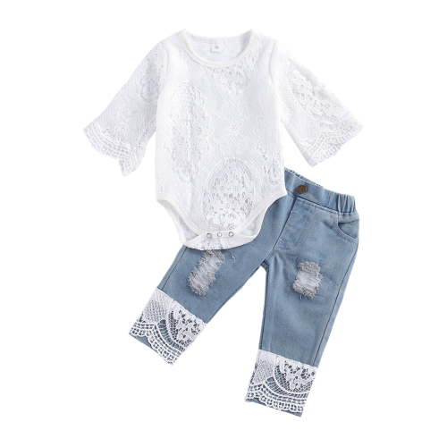 Bagilaanoe 2pcs Newborn Baby Girl Long Pants Set Long Sleeve Lace Hollow Out Romper Tops + Ripped Jeans Trousers 6M 12M 18M 24M Infant Casual Outfits
