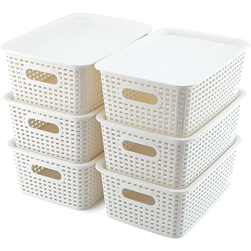 AREYZIN Plastic Storage Baskets With Lid Organizing Container Lidded Knit Storage Organizer Bins for Shelves Drawers Desktop Closet Playroom Classroom Office, White, 6 Pack