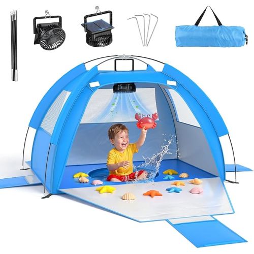 Baby Beach Tent Solar Cooling Fan, Anti-UV Toddler Beach Tent Sun Shelter Portable Travel Fan Beach Shade Tent, Baby Play Tent Built-in Ceiling Fan Sun Shelters Toddler Beach Essentials Blue