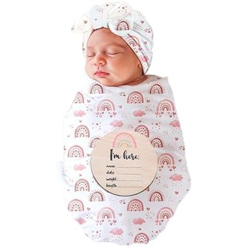 Baby Swaddle Blanket and Headband Set, Newborn Receiving Blanket Swaddle Wrap for Girls and Boys, Swaddling Blankets Neutral for Newborn，Soft and Skin-Friendly 32 * 32 inches (Rainbow)
