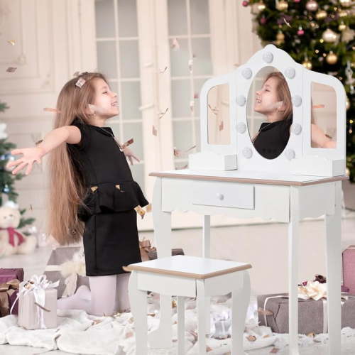 TROPOW Kids Vanity with 3 Mirrors and Stool, Girls Vanity with Wood Makeup Playset, Princess Vanity Table for Toddlers, White