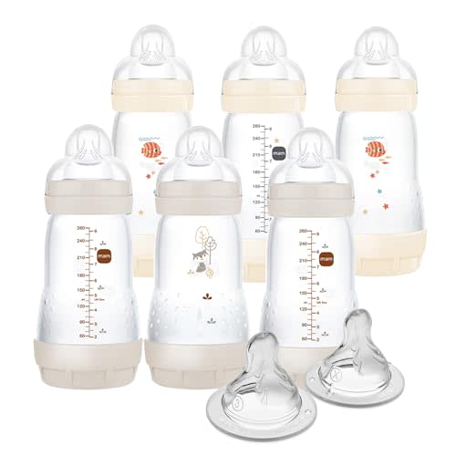 MAM 9oz Easy Start Anti-Colic Baby Bottle, Medium Flow with 2X Bonus Nipples, Breastfeeding-Like Silicone Nipple Bottle, Reduces Colic, Gas, & Reflux, Easy-to-Clean, BPA-Free, 2 Plus Months