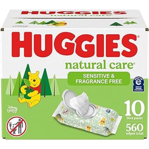 Huggies Natural Care Sensitive Baby Wipes, Unscented, Hypoallergenic, 99% Purified Water, 10 Flip-Top Packs (560 Wipes Total)