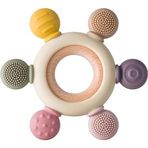Baby Teething Toys Silicone Teethers BPA Free Silicone Rudder with Wooden Ring Soothe Babies Gums (Khaki)