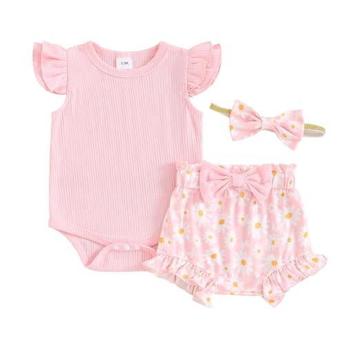 Hnyenmcko Newborn Baby Girl Clothes Daisy Print Fly Sleeve Romper Ruffle Bloomer Shorts Headband Set Infant Summer Outfits