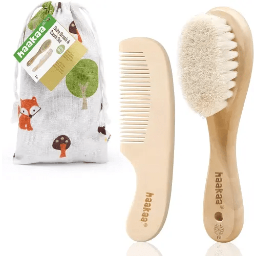 haakaa Baby Hair Brush and Comb Set for Newborns & Toddlers - Natural Soft Goat Bristles and Wooden Handle, Gently Grooms Baby's Hair, Ideal for Cradle Cap, Perfect Baby Gift, 2pk
