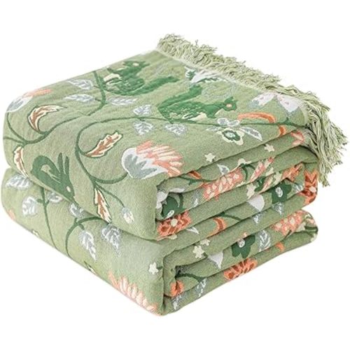 Boho Throw Blanket for Bed 100% Cotton Ultra Soft Rustic Quilt Farmhouse Decor Bed Summer Blankets,All Season Rustic Throw for Sofa Couch Chair (Green World, 80"×90")