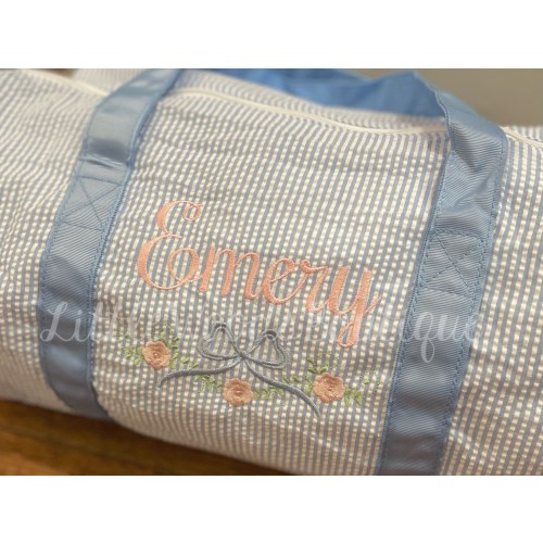 Baby Blue Seersucker Duffle - Personalized Seersucker Duffle Bag with Floral Bow Design - Girly Design Bag - Blue Duffle