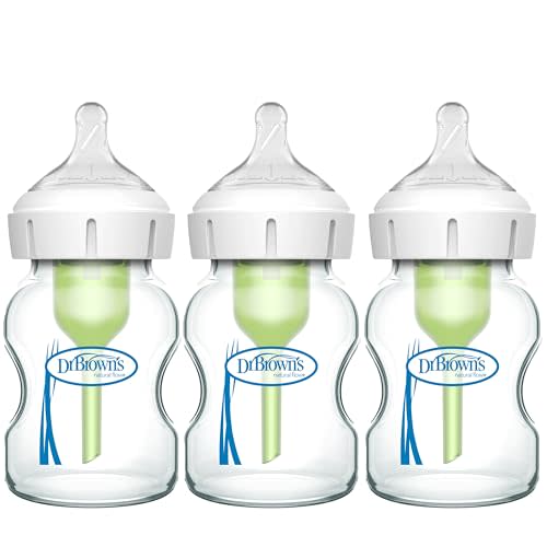 Dr. Brown's Natural Flow Anti-Colic Options+ Wide-Neck Glass Baby Bottles 5 oz/150 mL, with Level 1 Slow Flow Nipple, 3 Pack, 0m+