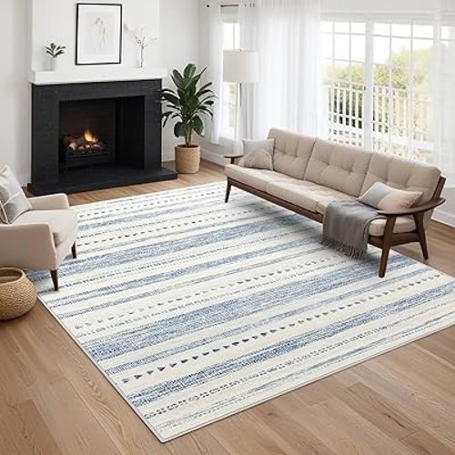 Moroccan 5x7 Area Rug: Soft Ultra Thin Machine Washable Farmhouse Area Rugs for Living Room Non-Slip Neutral Modern Geometric Indoor Floor Carpet for Bedroom Under Dinning Table Blue