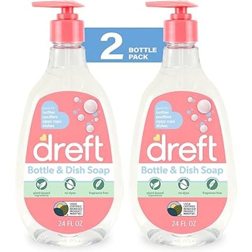Dreft Baby, Bottle and Dish Soap, Removes Milk Film & Odor, Plant Based, Fragrance Free, Travel Size Bottles, 24 Fl Oz (Pack of 2)