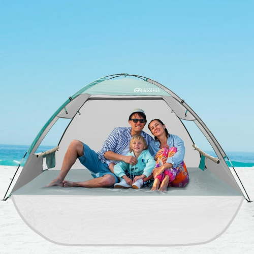 OutdoorMaster Beach Tent for 3 Person with 2 Doors - Easy Setup and Portable Beach Shade Sun Shelter Canopy with UPF 50+ UV Protection - Light Blue