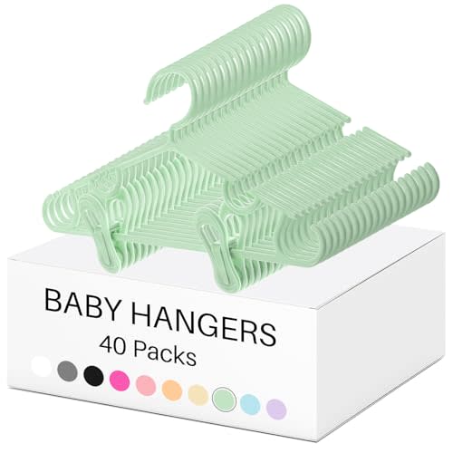Hsei 5/10/40 Pack Baby Hangers with 10/20/80 Clips, Plastic Kids Pants Hangers for Nursery Closet Top and Bottom Clothes Hanger Set for Newborn Infant Toddler(120 Packs Total,Mint Green,10.6 Inch)