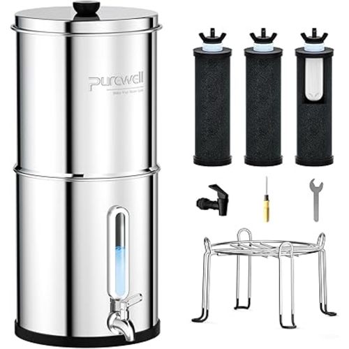 Purewell 2.25G Gravity-fed Water Filter System with 3 Filters, 3-Stage Ultra-Filtration Stainless Steel Countertop System with Water Level Window, Reduce 99% Chlorine, 9,000G Filter Capacity, PW-KS-3C