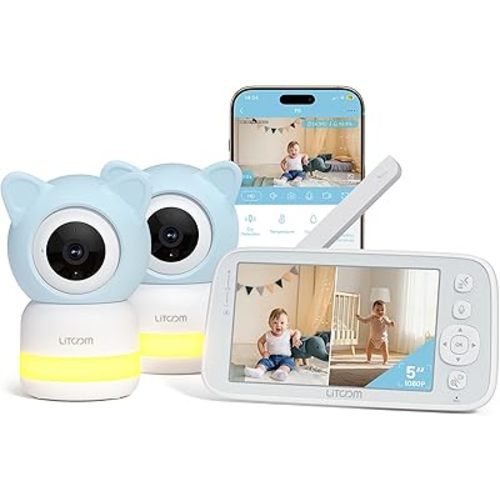litokam 4MP Baby Monitor with 2 Cameras and Audio, 5-inch 1080P Split-Screen, No WiFi & 5G/2.4G WiFi, Remote Pan-Tilt-Zoom, Night Vision, VOX, Temperature Sensor, 2-Way Talk, 7 Lullabies, 1000ft Range