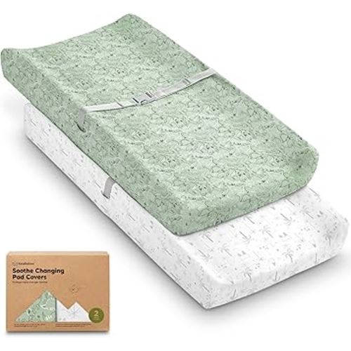 2-Pack Organic Changing Pad Covers for Girl, Boy, Neutral - 100% Cotton Changing Table Pad Cover, Soft Baby Nursery Diaper Changing Pad Sheets, Contour Changing Pads Liners,Change Pad Cover (DinoDood)