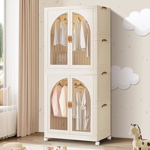 EHAMILY Portable Kids Closet Children's Wardrobe Collapsible Plastic Large Baby Clothes Cabinet Bedroom Nursery Armoire Quick Install Toddler Dresser with Hanging Rod and Door,Large 2 Cubes,White - 2 Hanging Area With 1 Lid