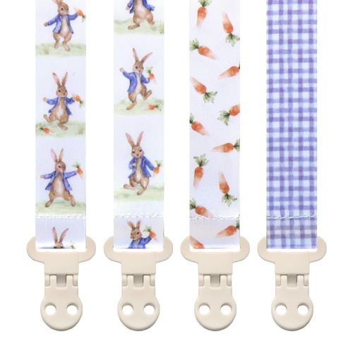 Baby Pacifier Clip Holder - Boy and Girl Unisex 4 Pack Gift Set – Neutral Vintage Rabbits and Carrots Beige Blue Brown Peter
