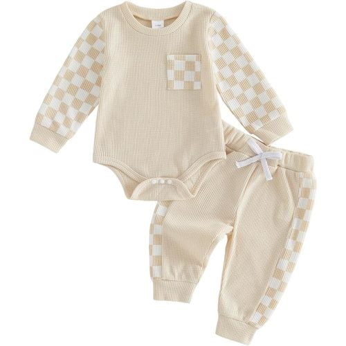 Newborn Baby Boy Girl Clothes Checkered Plaid Long Sleeve Waffle Knit Romper Pants Set 2 Piece Fall Winter Outfits