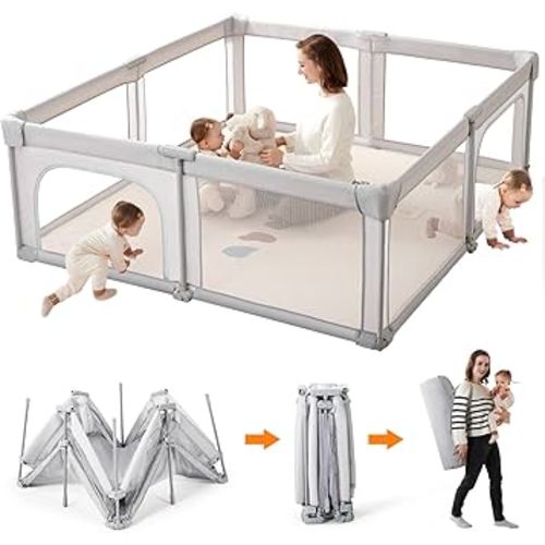 Baby Playpen,Foldable Portable Playpen for Babies and Toddlers,59”x59”Play Pen with Zipper Door,Play Pen Indoor & Outdoor Baby Fence Play Area, Collapsible Play Yard with Travel Bag(Light Grey)