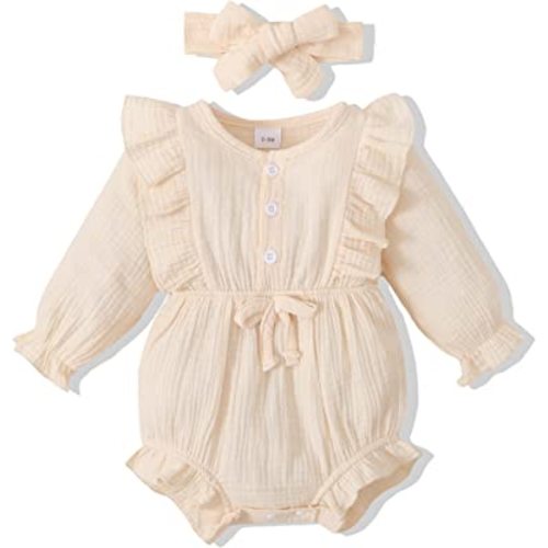 Renotemy Newborn Infant Baby Girl Clothes Cotton Linen Rompers Solid Ruffle Jumpsuits Infant Baby Clothes Girl