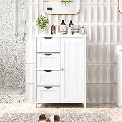 Irontar Bathroom Floor Cabinet, Freestanding Storage Cabinet with 4 Drawers and Adjustable Shelf for Entryway Storage, Home Office Furniture, White CWG005W