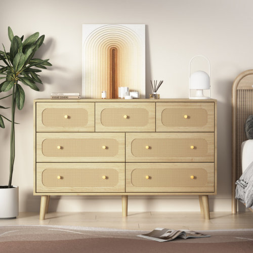 Bay Isle Home™ Rattan Dresser For Bedroom With 7 Drawers, Wide Chest of Drawers, Wood Storage Cabinet for Entryway, Living Room, Hallway & Reviews | Wayfair