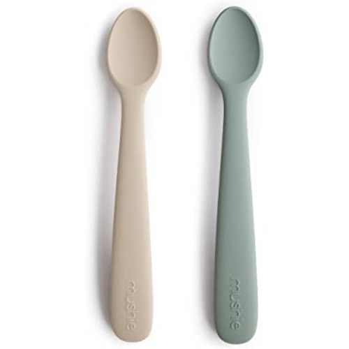 mushie Silicone Baby Feeding Spoons | 2 Pack (Cambridge Blue/Shifting Sand)