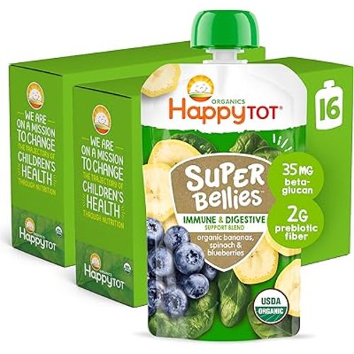 Happy Tot Organics Stage 4 Baby Food Pouches, Gluten Free, Vegan Snack, Super Bellies, Fruit & Veggie Puree, Banana, Spinach & Blueberries 4 Ounce (Pack of 16)