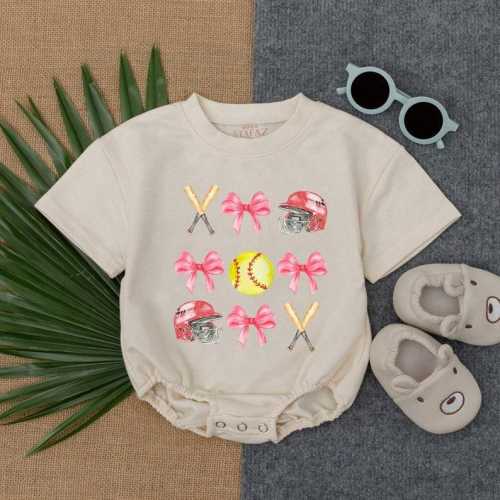 Softball Bow Bubble Romper,Softball Pink Bow Birthday,Short Sleeve Romper,Game Day Baby Clothes,Gameday Outfit,Baby Clothes, Newborn Clothes