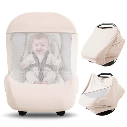 Konssy Baby Car Seat Cover with Breathable Mesh Window, Stretchy Windproof and Sunshade Canopy for Infant Car Seats, Boys and Girls