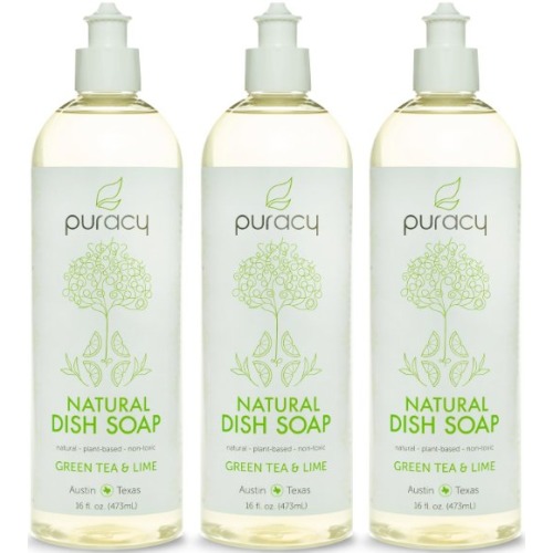 Puracy Natural Liquid Dish Soap, Sulfate Free Dishwashing Detergent, Green Tea and Lime, 16 Ounce Bottle, (Pack of 3)