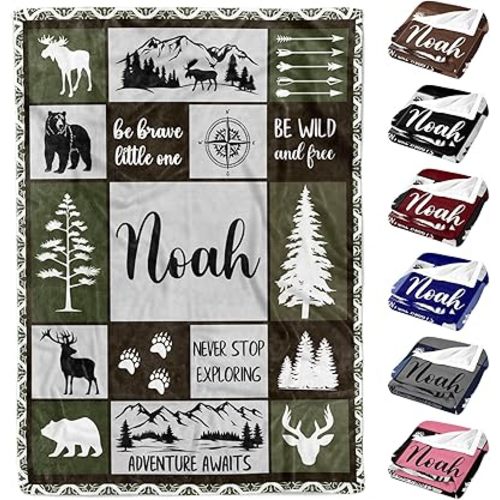 Personalized Baby Blankets with Name, Customized Name Blankets for Kids, Woodland Blanket Personalized, Custom Blanket for Boys, Girl, Baby Boy Newborn Soft