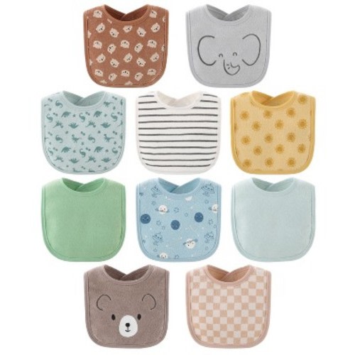 The Peanutshell Terry Baby Bib Set for Boys or Girls, 10-Pack, Feeding, Teething, Drooling, Soft Neutral